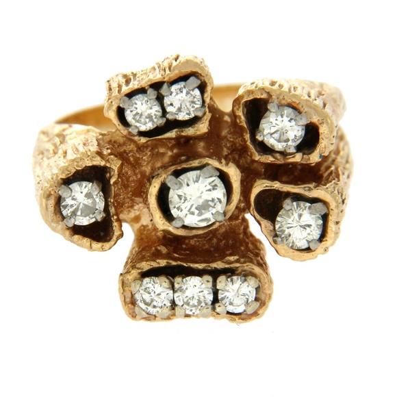 14k Yellow Gold White Diamonds Cobblestone Ring - Picture 2 of 5